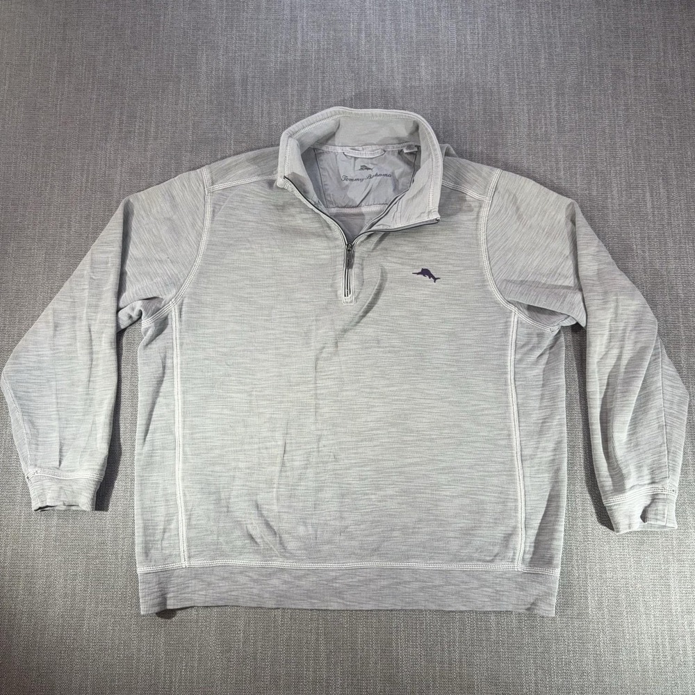 Tommy Bahama Pullover Mens XL Gray 1/4 Zip Mock Neck Knit Sweater Casual Logo